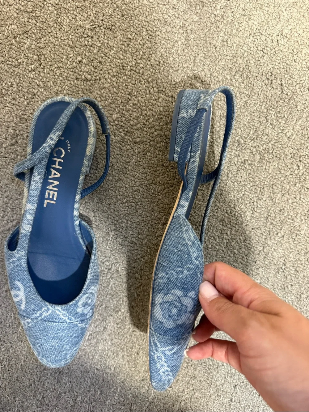 CHANEL Denim Blue Slingback Mules with CC Motif